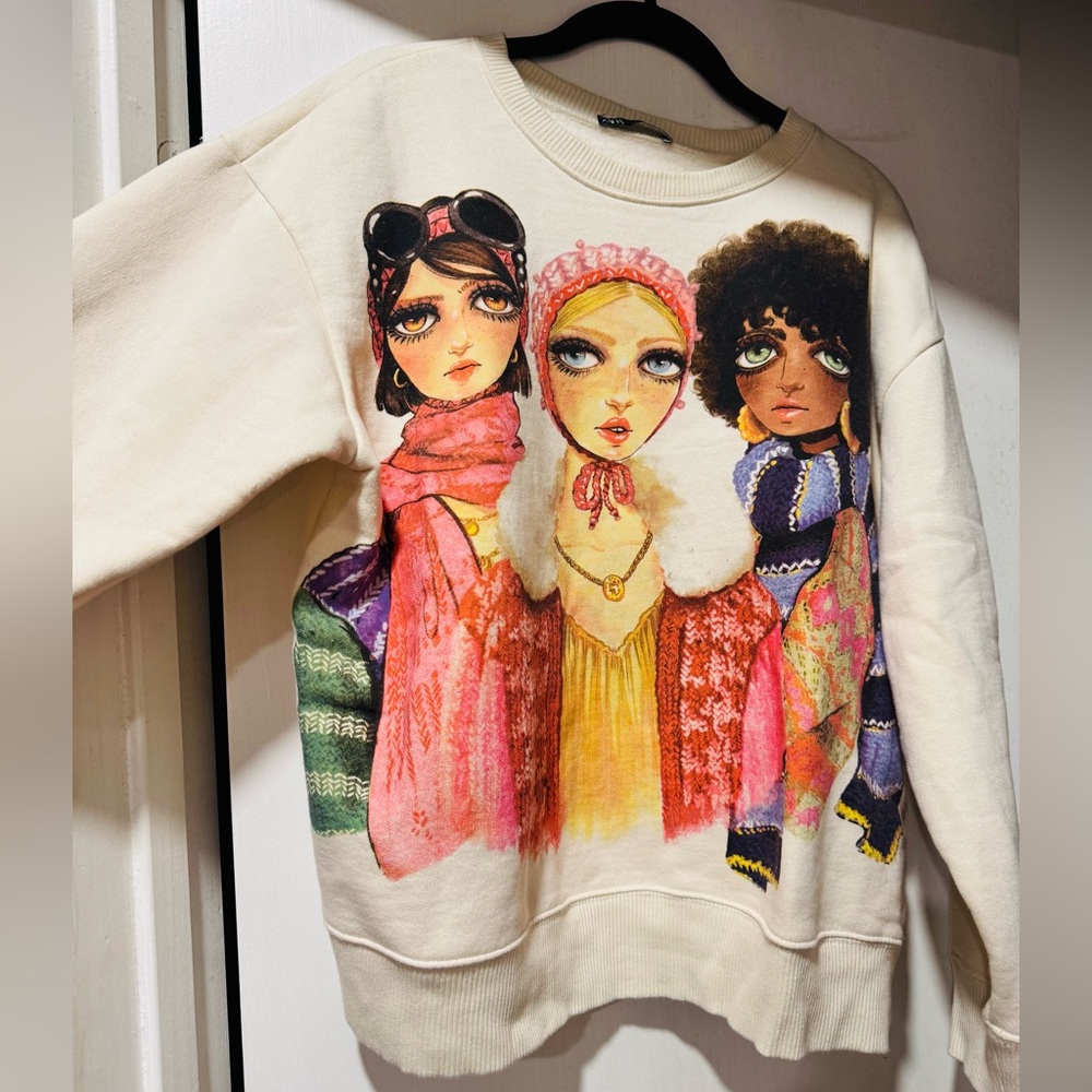 Zara Women's Graphic Super Cute Crew Neck Sweat Shirt/Sweater- Cream 💞